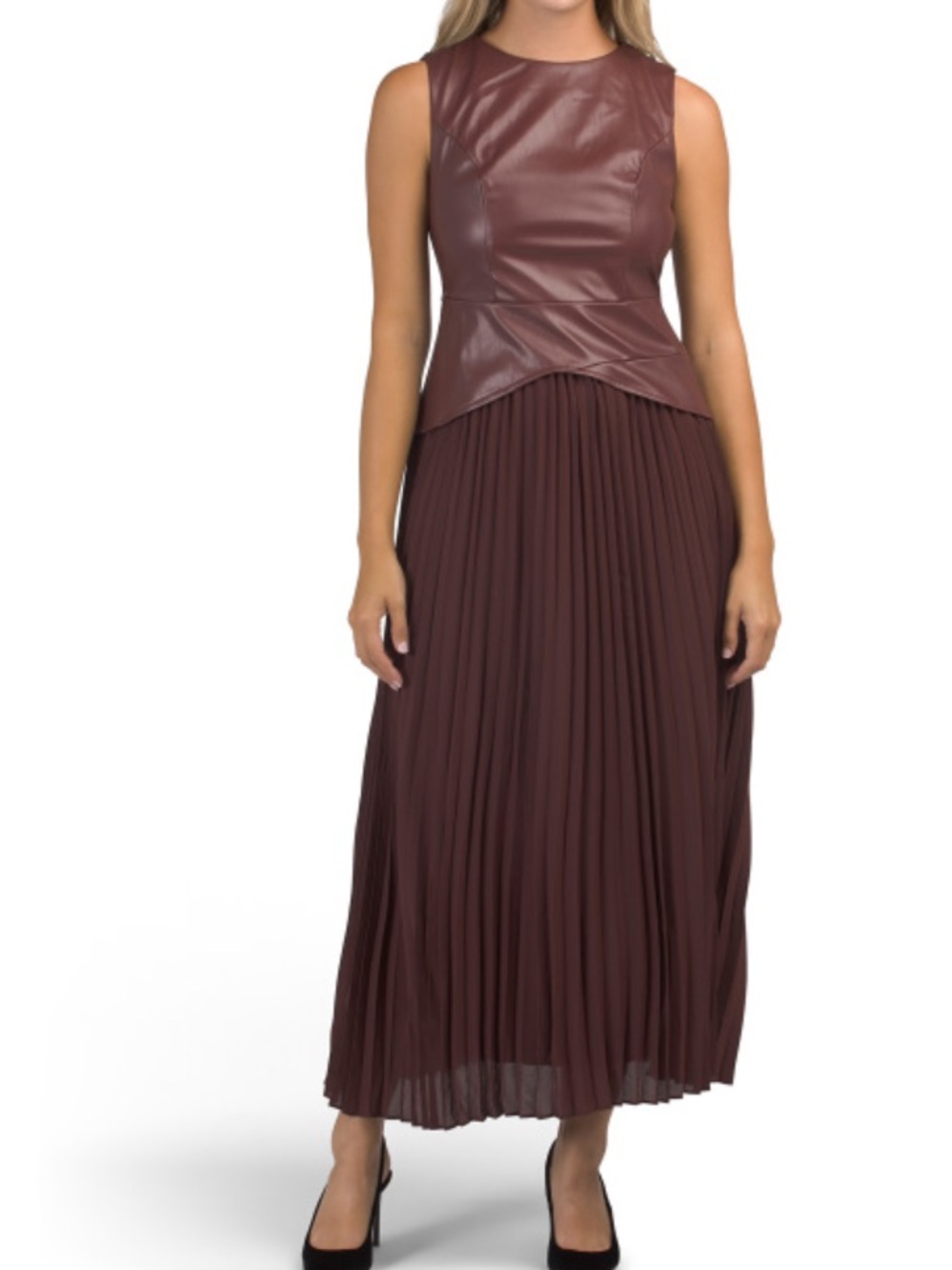 Moon River Sleeveless Mixed Media Pleated Maxi Dress -Wine